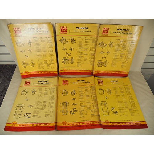 165 - Shell X-100 lubrication charts to include Ford, Triumph, Wolseley, etc. - Approx. 25