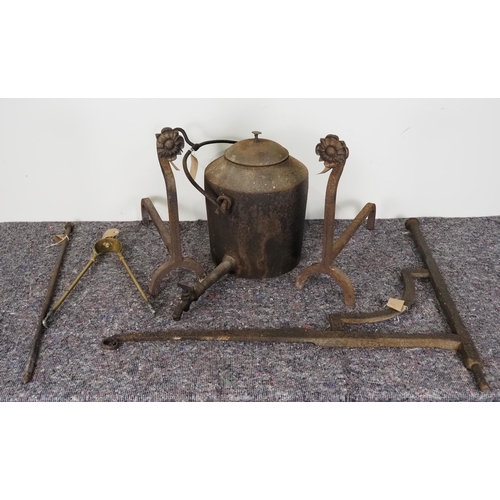 473 - Cast iron fire dogs, bracket and kettle