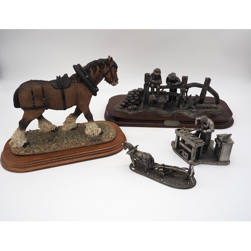 348 - The Shire Horse 1992 resign model, and 3 metal models to include poachers, gunsmith and horse with p... 