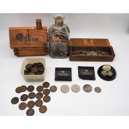 349 - Money box, coin paper weight and quantity of British coins to include some commemorative ones