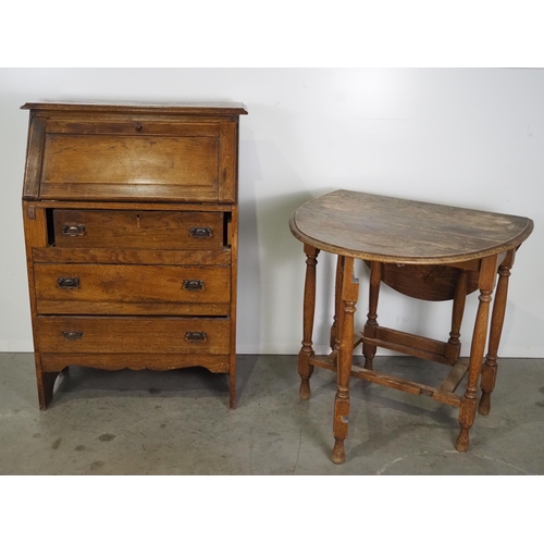 609 - Oak bureau and gate-leg table