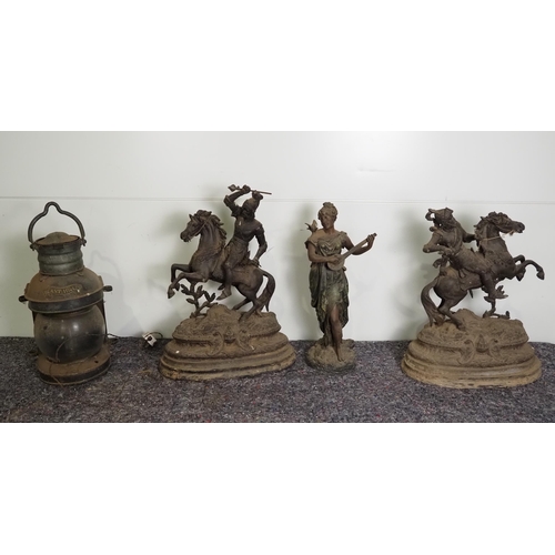 440 - Mast head ships lantern and metal knights and women statue