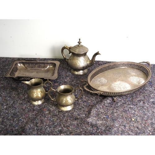 485 - Silver plate teapot, tray, jugs, etc.