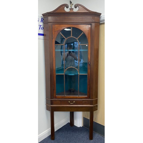 518 - 19th Century mahogany corner cabinet on stand with detailed Greek key style cornice and brass eagle ... 