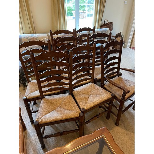 579 - Brights of Nettlebed refectory table in oak with set of 8 ladder back oak chairs with rush seats H30... 