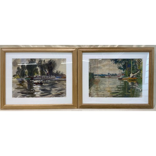 309B - Framed watercolours of boats in water by L Walker 10½