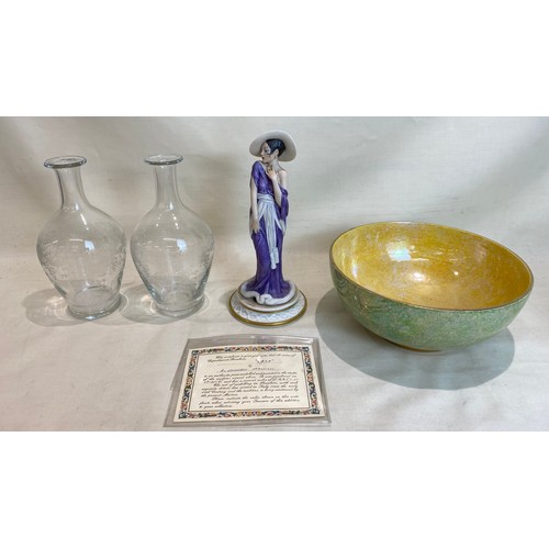 407 - Mode Liberty anno 1930 lady figure, etched glass vases and Govancroft Glasgow bowl