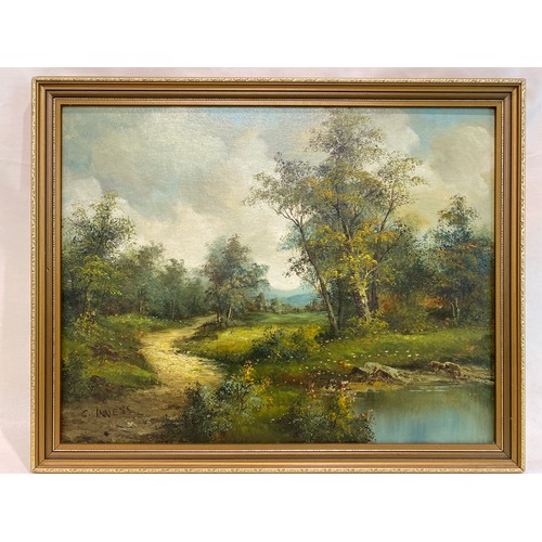 375A - Gilt framed oil on board of landscape by C. Inness 15½