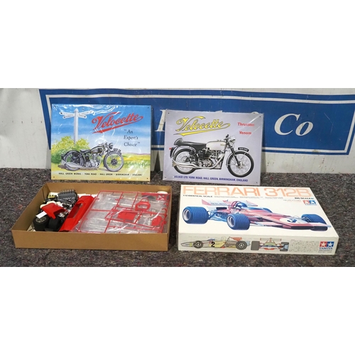 248 - Modern Velocette tin signs - 2 and Ferrari model kit