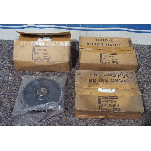 278 - Norton brake drums - 3, NOS in original box and Norton drive gear