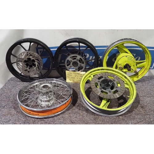 636 - Motorcycle wheels to include pair of ER500, XR125L rear and pair of XPS Supermoto wheels