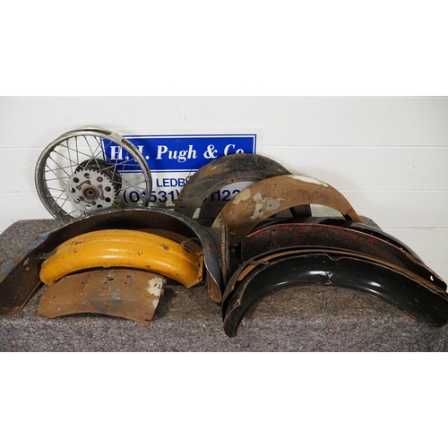 703 - Assorted mudguards and wheel to include BSA