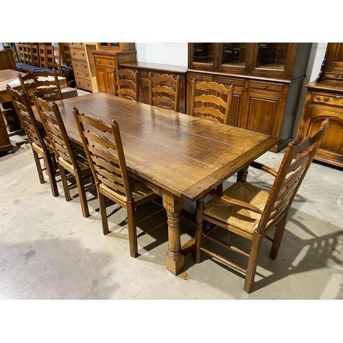 579 - Brights of Nettlebed refectory table in oak with set of 8 ladder back oak chairs with rush seats H30... 