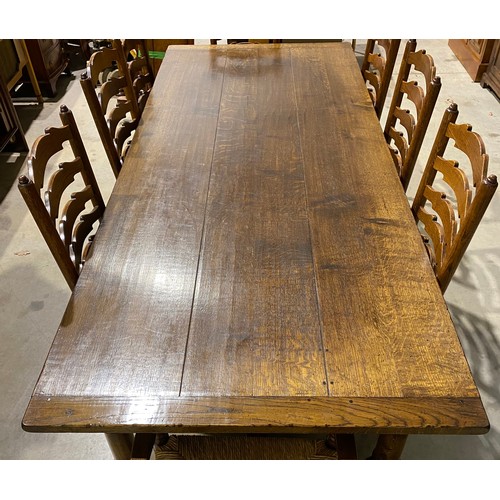 579 - Brights of Nettlebed refectory table in oak with set of 8 ladder back oak chairs with rush seats H30... 