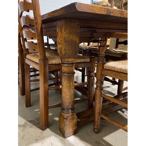 579 - Brights of Nettlebed refectory table in oak with set of 8 ladder back oak chairs with rush seats H30... 