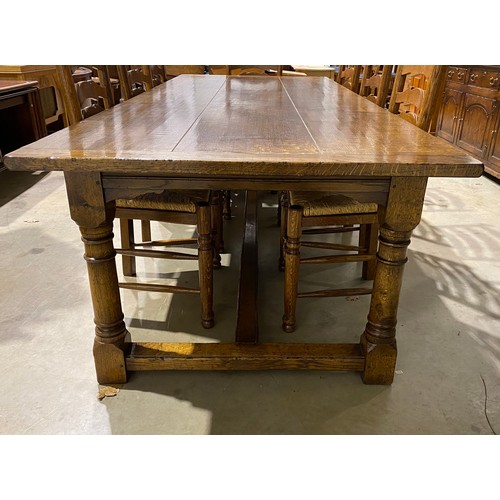 579 - Brights of Nettlebed refectory table in oak with set of 8 ladder back oak chairs with rush seats H30... 