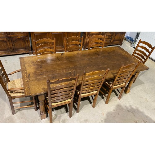 579 - Brights of Nettlebed refectory table in oak with set of 8 ladder back oak chairs with rush seats H30... 