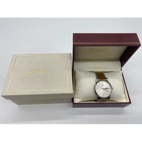 417 - Gentlemans stainless steel and gold plate quartz Rotary bracelet watch with box