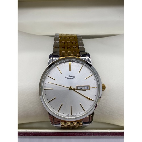 417 - Gentlemans stainless steel and gold plate quartz Rotary bracelet watch with box