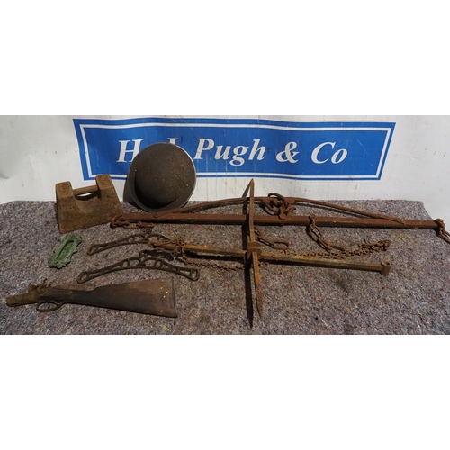 74 - 56Lb Weight, tin helmet etc