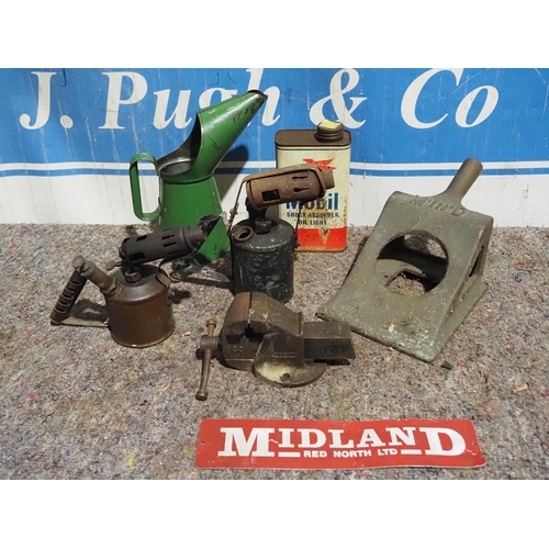 131 - Midland Red chock, tin sign, vice, blow lamps and oil cans