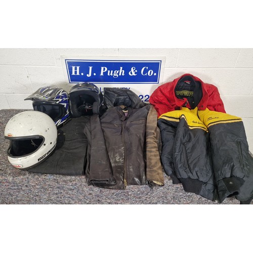 447 - Motorcycle helmets - 3, leather jackets, wax trousers etc