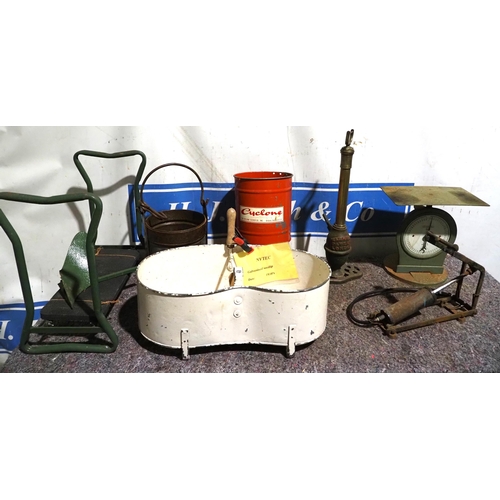 157 - Grass seedier stirrup pump, well bucket, scales etc