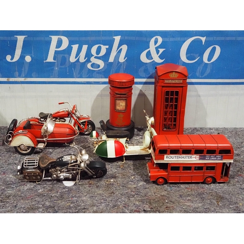 584 - Tin plate model motorcycles, bus, telephone box, etc.