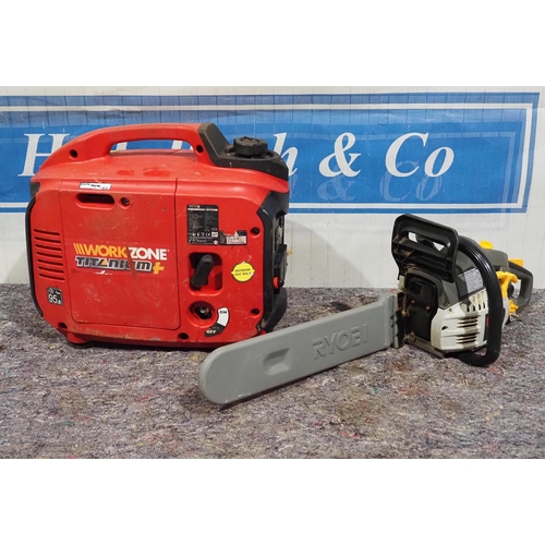 599 - Workzone suitcase generator and Ryobi petrol chainsaw