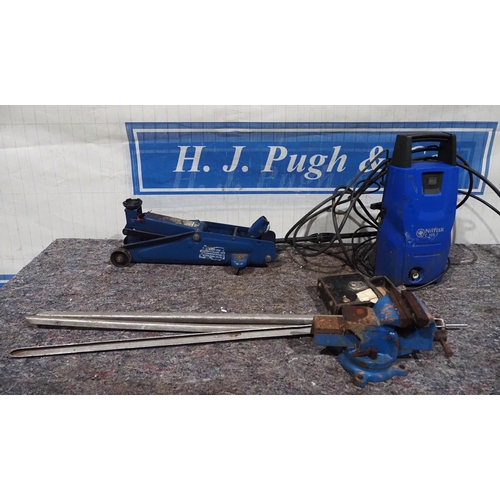 678 - Nilfisk pressure washer, trolley jack, bench vice etc