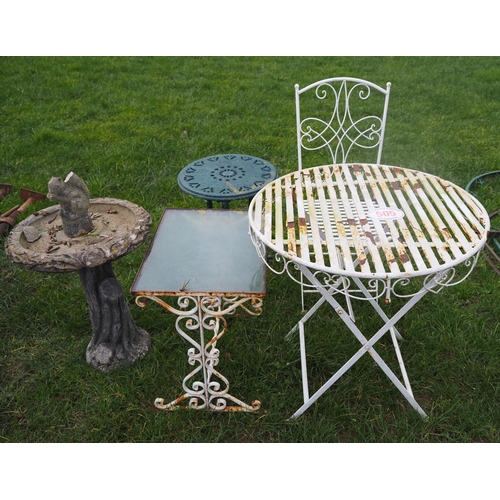 505 - Garden table and chairs + 2 other tables and bird bath