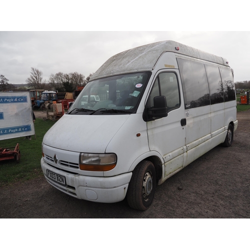 1523 - Renault Master LH35 diesel mini bus. No MOT. Reg. FX03 BZN. V5 and key in office