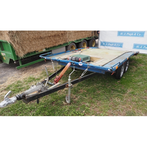 1605 - Twin axle car transporter trailer 12x6ft with remote control winch, controls in office