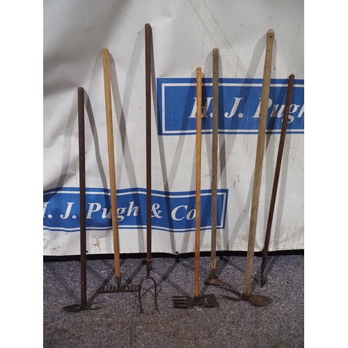 146A - Vintage garden tools to include rake, pitch fork, weeders, cultivator, etc. - 7