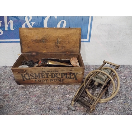 480 - Vintage car foot pumps to include Kismet-Duplex in wooden box and 1 other