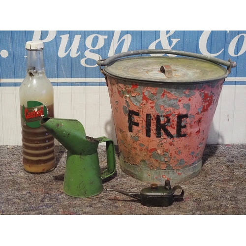 497 - Fire bucket, 1 quart oil bottle and oil pourer