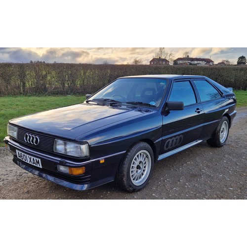 Audi Quattro Turbo Coupe. 1988. 2226cc
Chassis No. WAUZZZ85ZJA900593
Engine No. MB001349
Runs and drives. MOT until 12.7.24. Has had over £20,000 spent on it including engine has had full check and service, radiators re-cored, new pipe lines, new stainless steel exhaust, petrol tank taken apart and re-lined, new suspension parts to include wishbones. Full re spray at a cost of £7200. Original interior in very good condition.  2 Owners from new. Genuine 49,000 miles. Comes with original pre delivery inspection, full service history, some invoices and old MOTs.
Reg A601 XAM. V5. Key