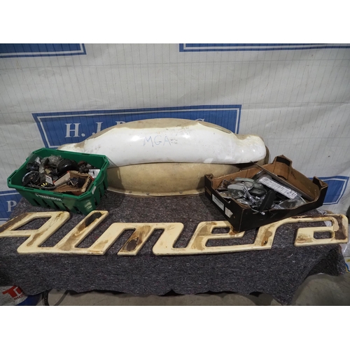 604 - MGA front valence fiberglass body panel moulds, assorted electricals, Almera wooden sign, etc.