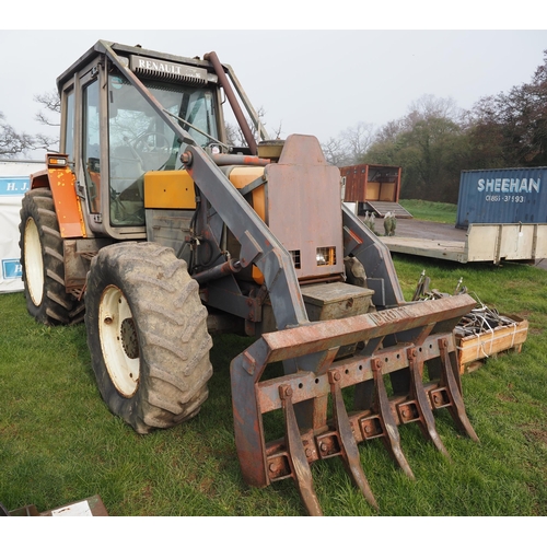 1404 - Renault 110-54 4WD tractor. Drott fork, Boughton 10 ton, 2 speed winch and anchors. C/w pallet of sp... 
