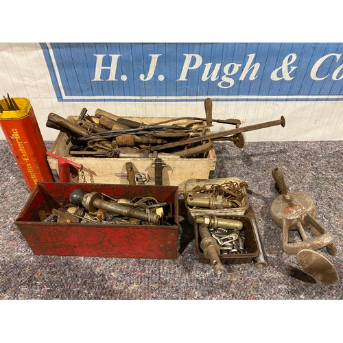 504 - Box of vintage hand tools and pins