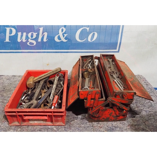 114 - Metal tool box with contents to include spanners and various other tools