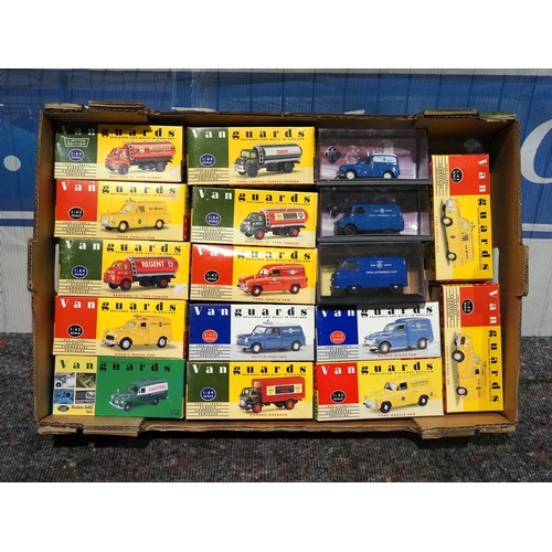 68 - Box of Vanguards and Corgi model vehicles to include Morris Minor van and tankers