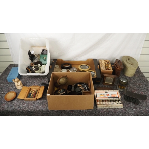 129 - Binoculars, framed wall ornaments, clocks, figurines, African head rest, etc.