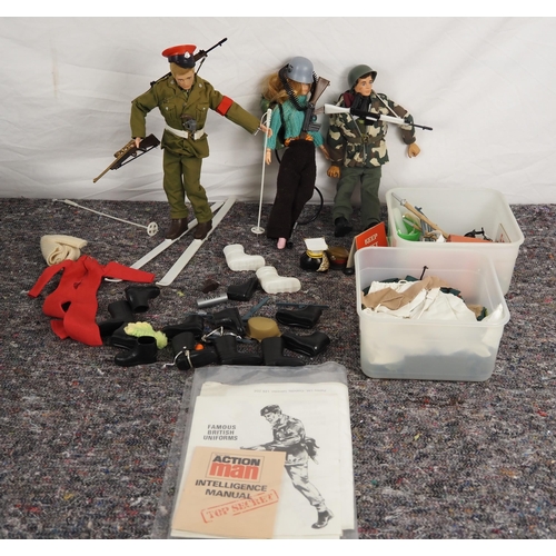 101 - Palitoy Action Man figures and assorted accessories including outfits, skis, weapons, manual, etc.