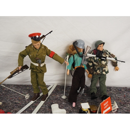 101 - Palitoy Action Man figures and assorted accessories including outfits, skis, weapons, manual, etc.