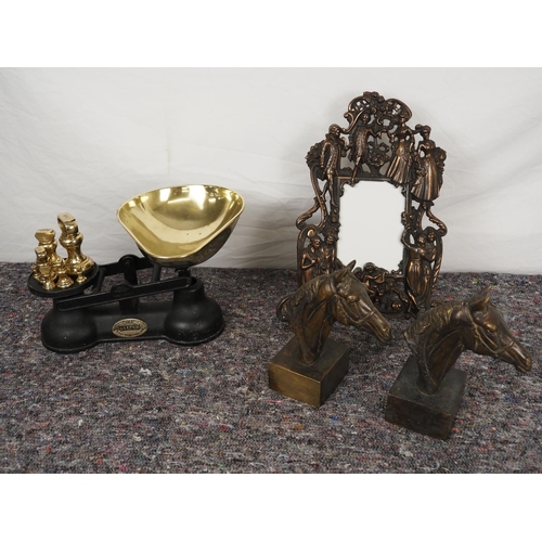 227 - Pair of metal horse head book ends, Salter scales with weights and ornate brass picture frame