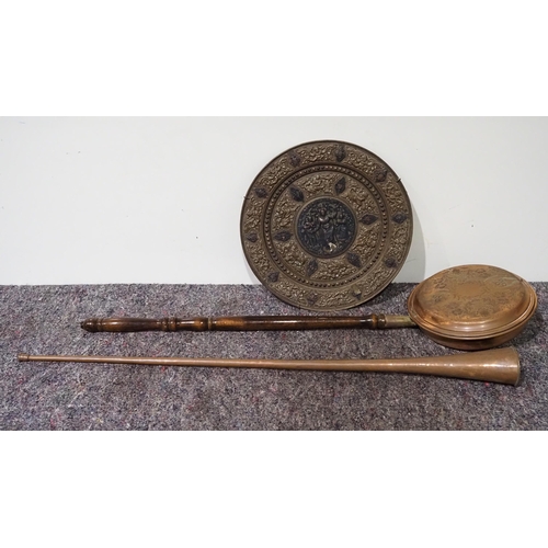 158 - Indian brass display plate, copper horn and bed warming pan