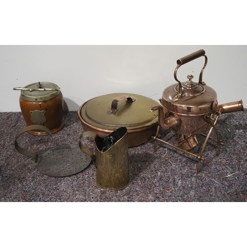 144 - Biscuit barrel, trench art jug, copper kettle, bed warming pan, etc.