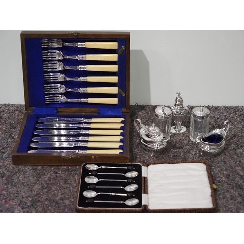 141 - Silver coffee bean spoons in case, silver plate cutlery and glass salt & pepper jars, etc.