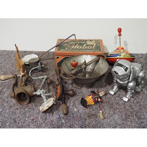 164 - Vintage toys, hand tools, rice strainer, etc.